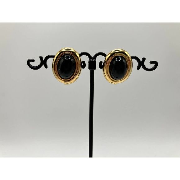 Black Oval Gold-Tone Earrings! - Picture 3 of 9